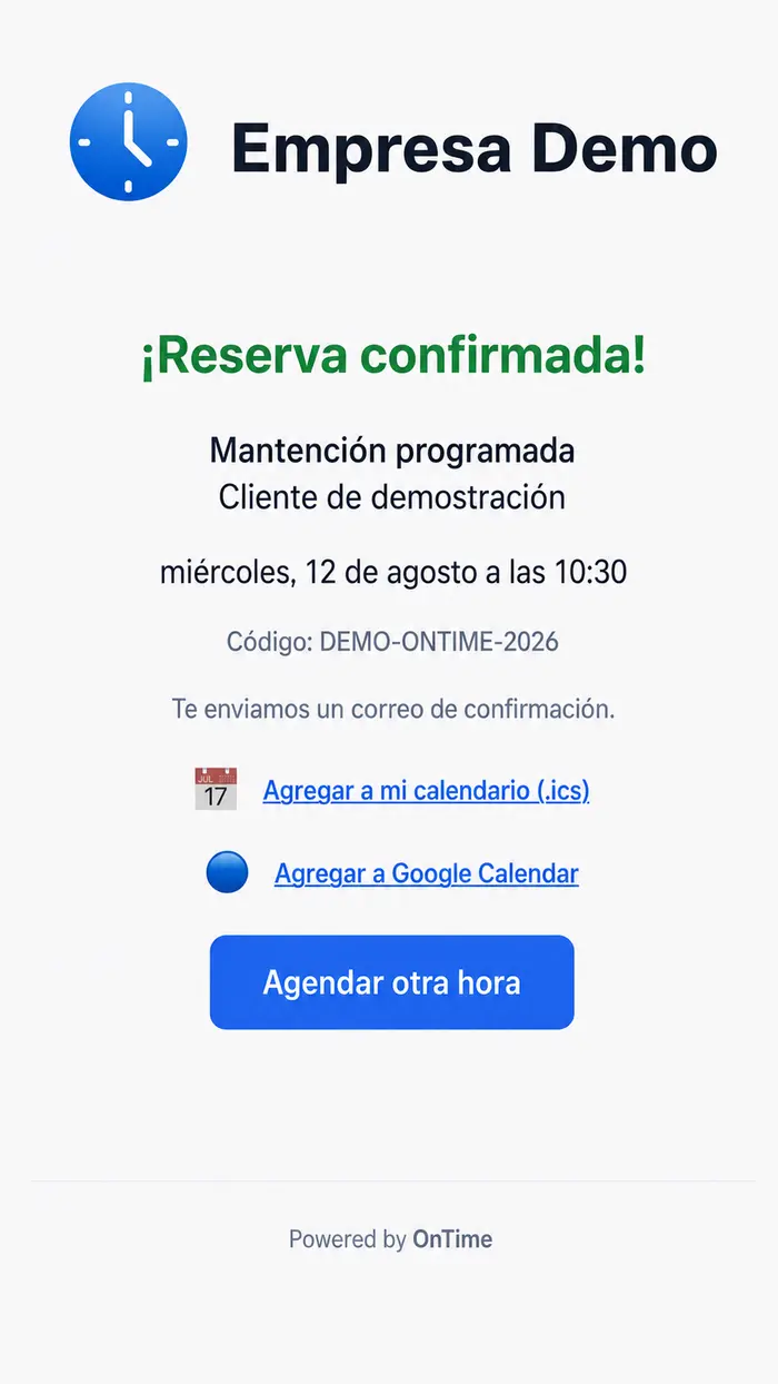 Pantalla de demostración de una reserva confirmada