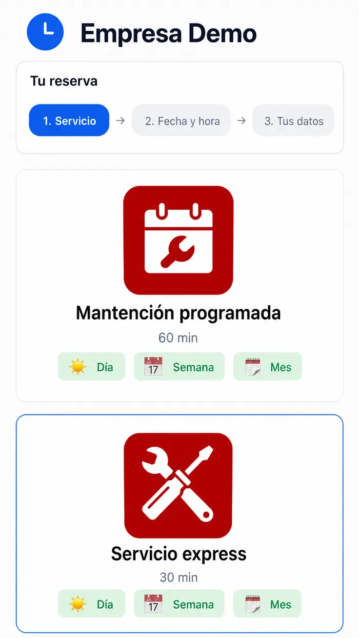 Pantalla de demostración para seleccionar un servicio en ONTIME